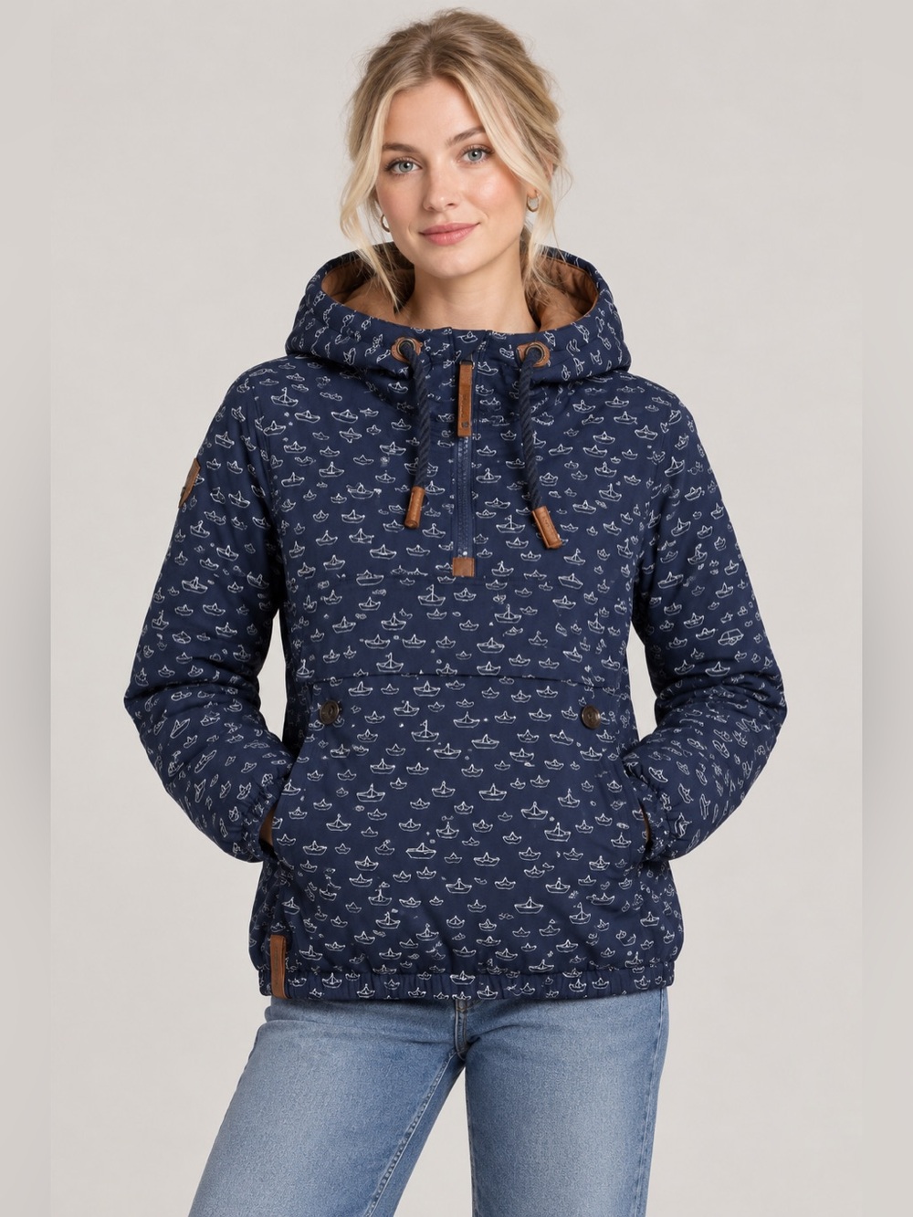 Naketano 1/2 Zip Hooded Jacket NavyBlue Boat Print coastal rare size small